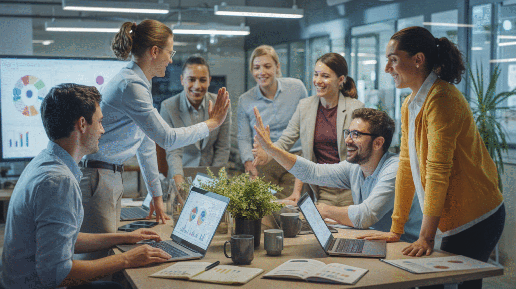 team of happy researchers collaborating in an office